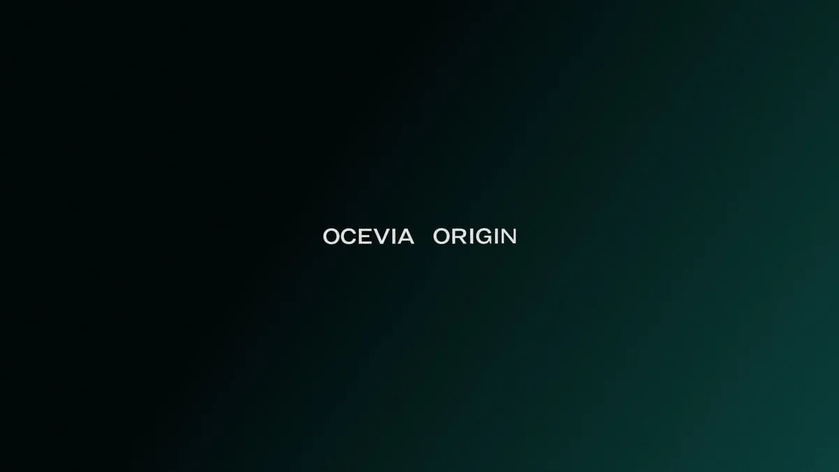OCEVIA ORIGIN — 짙은 청록색 바다 그라데이션과 간결한 글자로 구성한 브랜드 소개