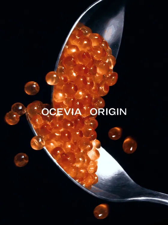 OCEVIA ORIGIN — 검은 배경의 숟가락에 담긴 연어알과 브랜드 마크